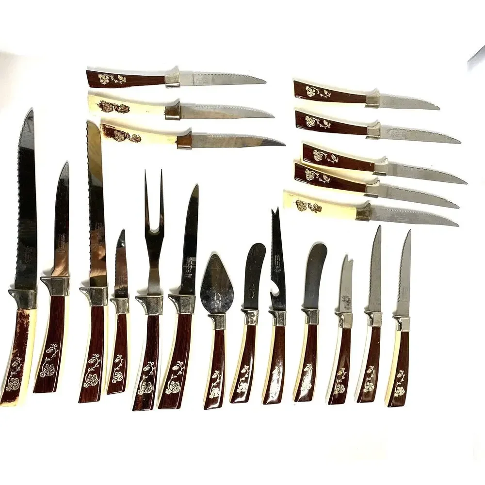 Vintage Sheffield Lifetime Cutlery Knife Set 21 Piece Made England Gold Flower